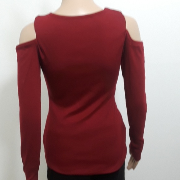wine red lace up front cold shoulder plunge neck - Picture 2 of 4